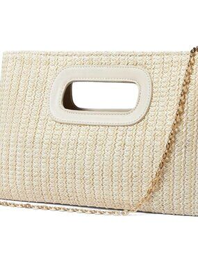 Women Beige Top Handle Straw Clutch Raffia Woven Shoulder Crossbody Handbag